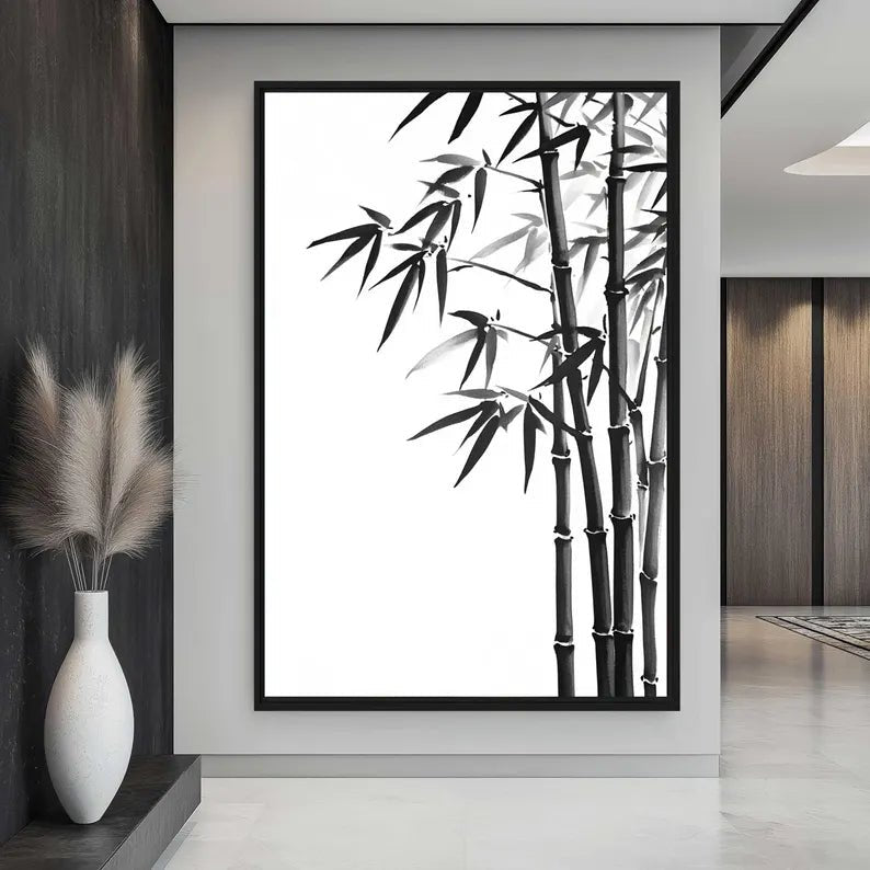 Minimalist Bamboo Ink Art Framed Canvas