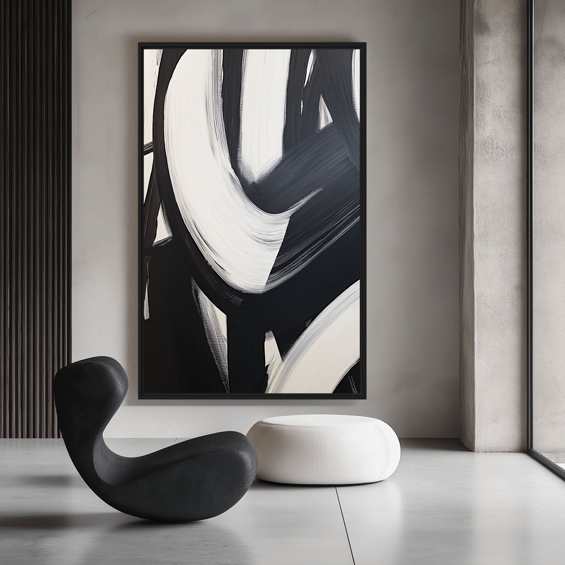 Black White Brushstroke Abstract Art Framed Canvas