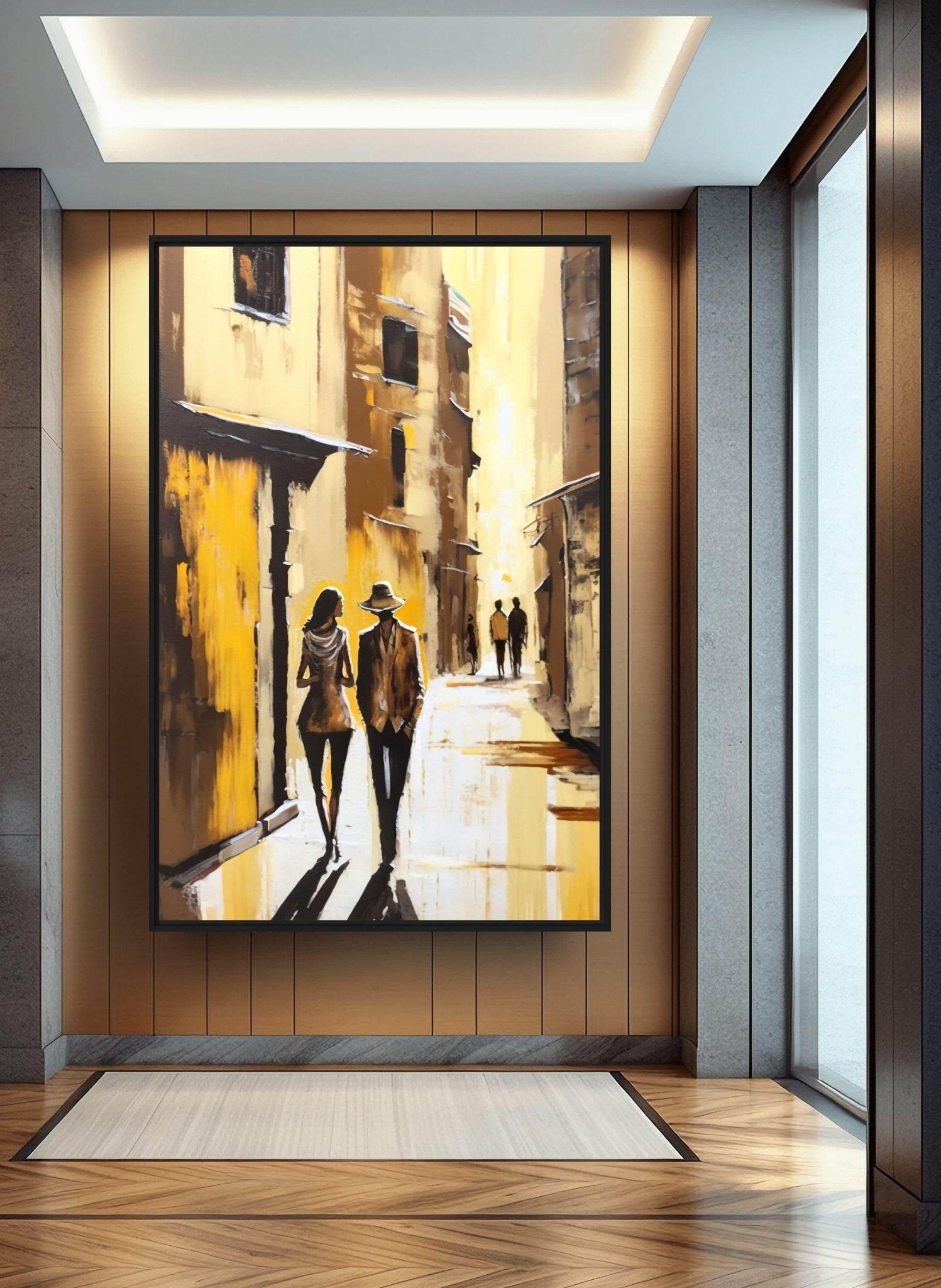 Couple In Love Yellow City Abstract Art Framed Canvas