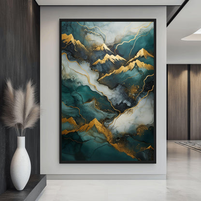 Teal & Gold Landscape Modern Art Framed Canvas