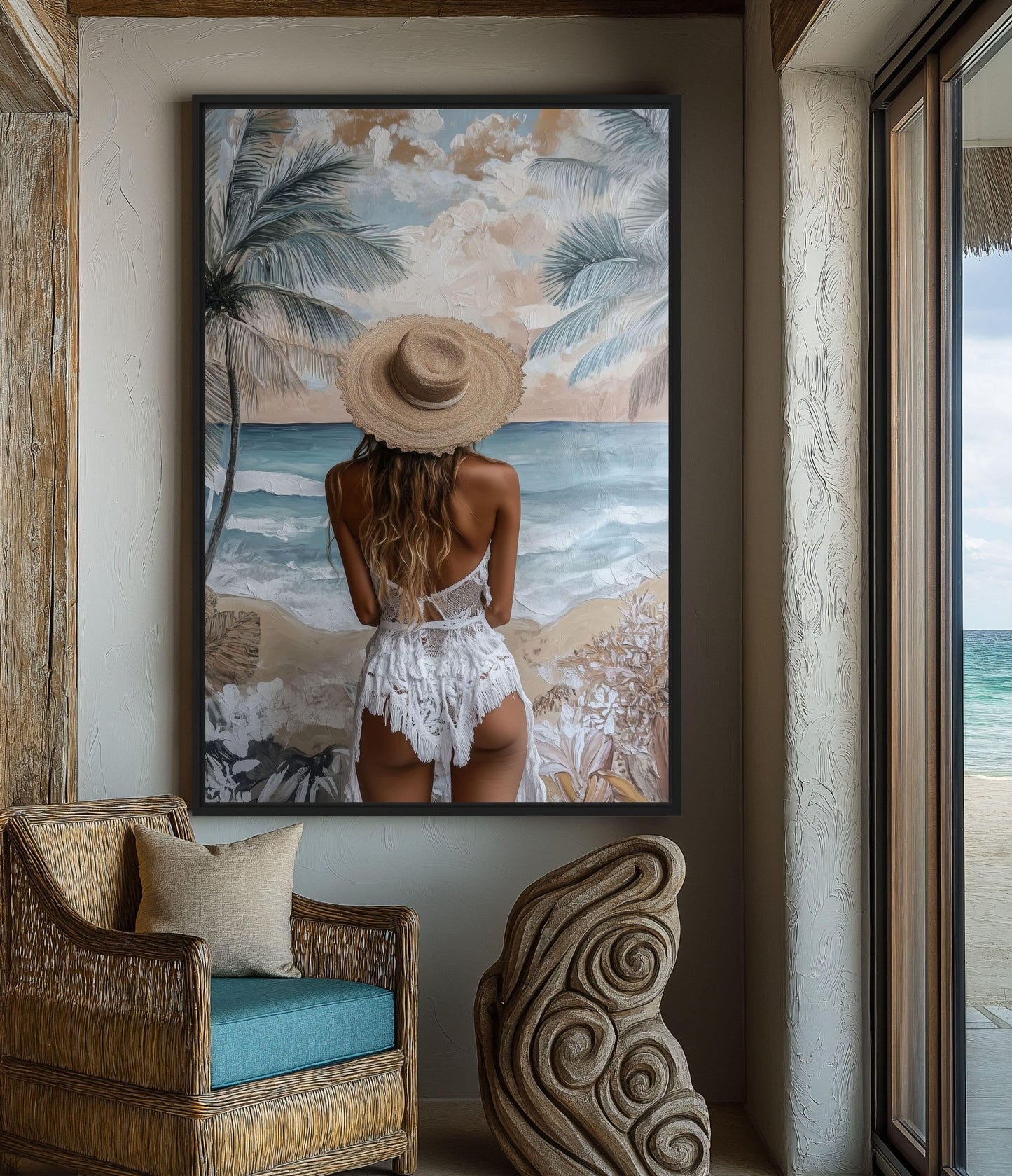 Woman In Summer Hat Beach Art Framed Canvas