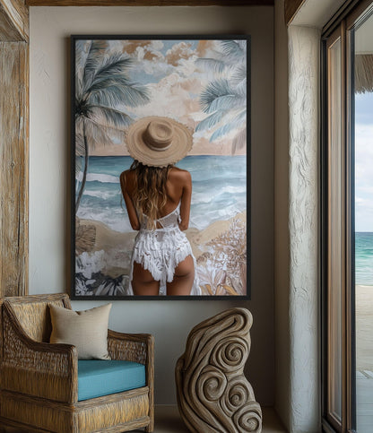 Woman In Summer Hat Beach Art Canvas Print Detail | PaintFu