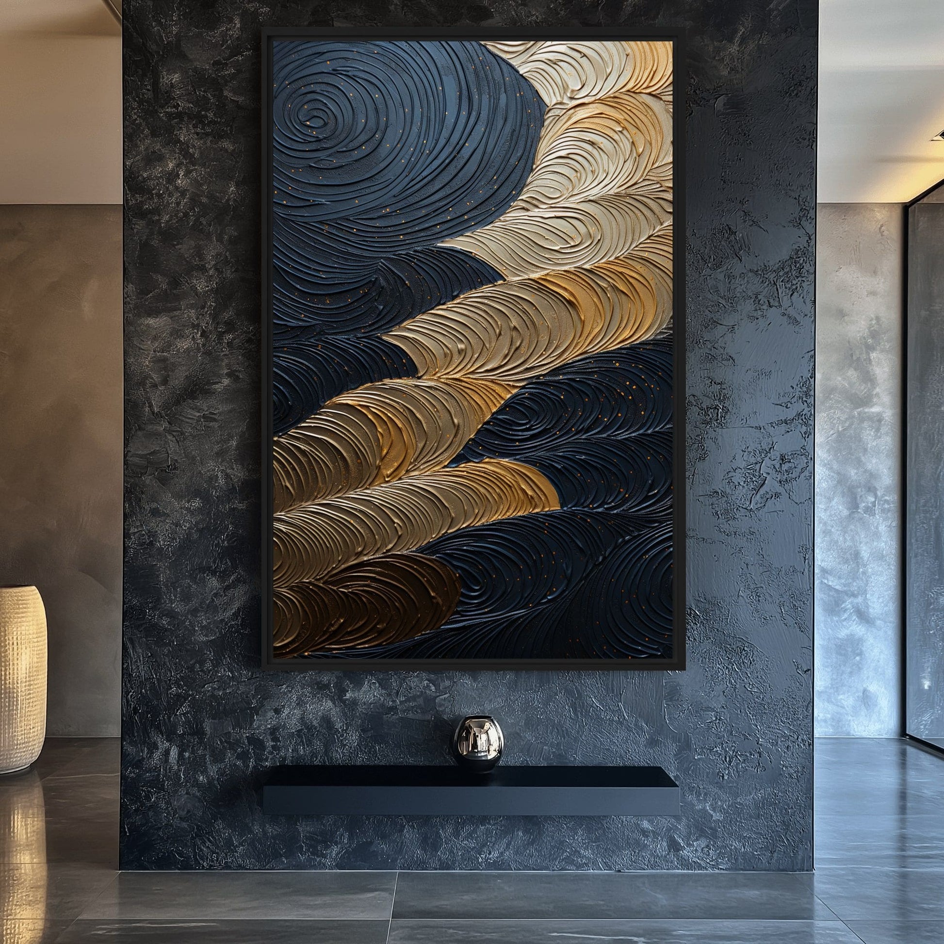 Dark Navy Gold Circles Impasto Art Framed Canvas