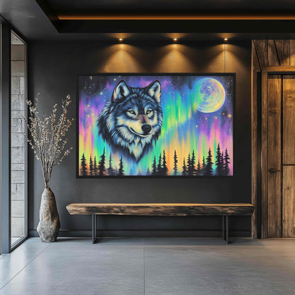 Northern Lights Wolf Wildlife Art Framed Canvas - PaintFu