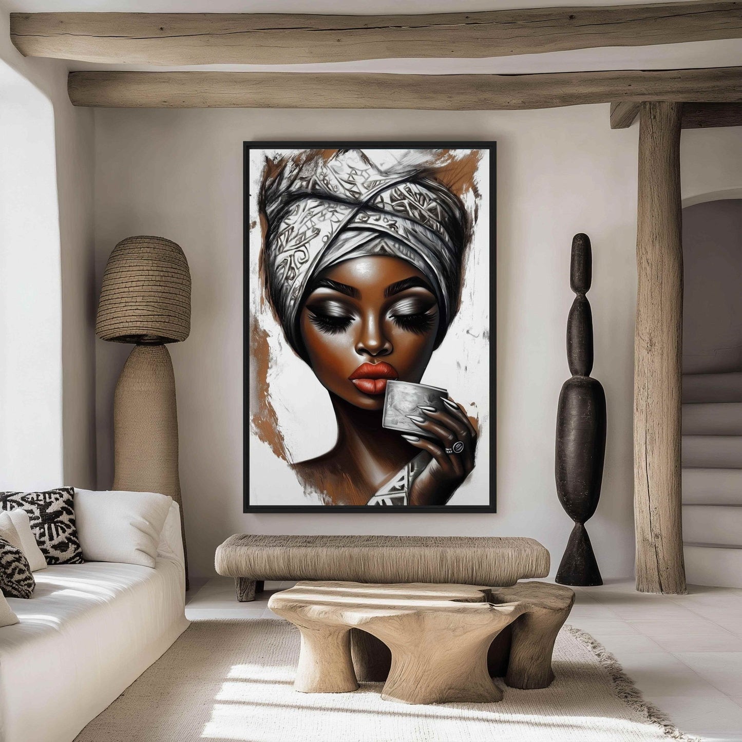 African Woman Drinking Coffee Framed Canvas