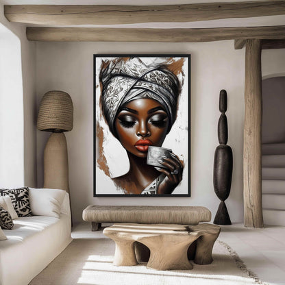 African Woman Drinking Coffee Framed Canvas - PaintFu