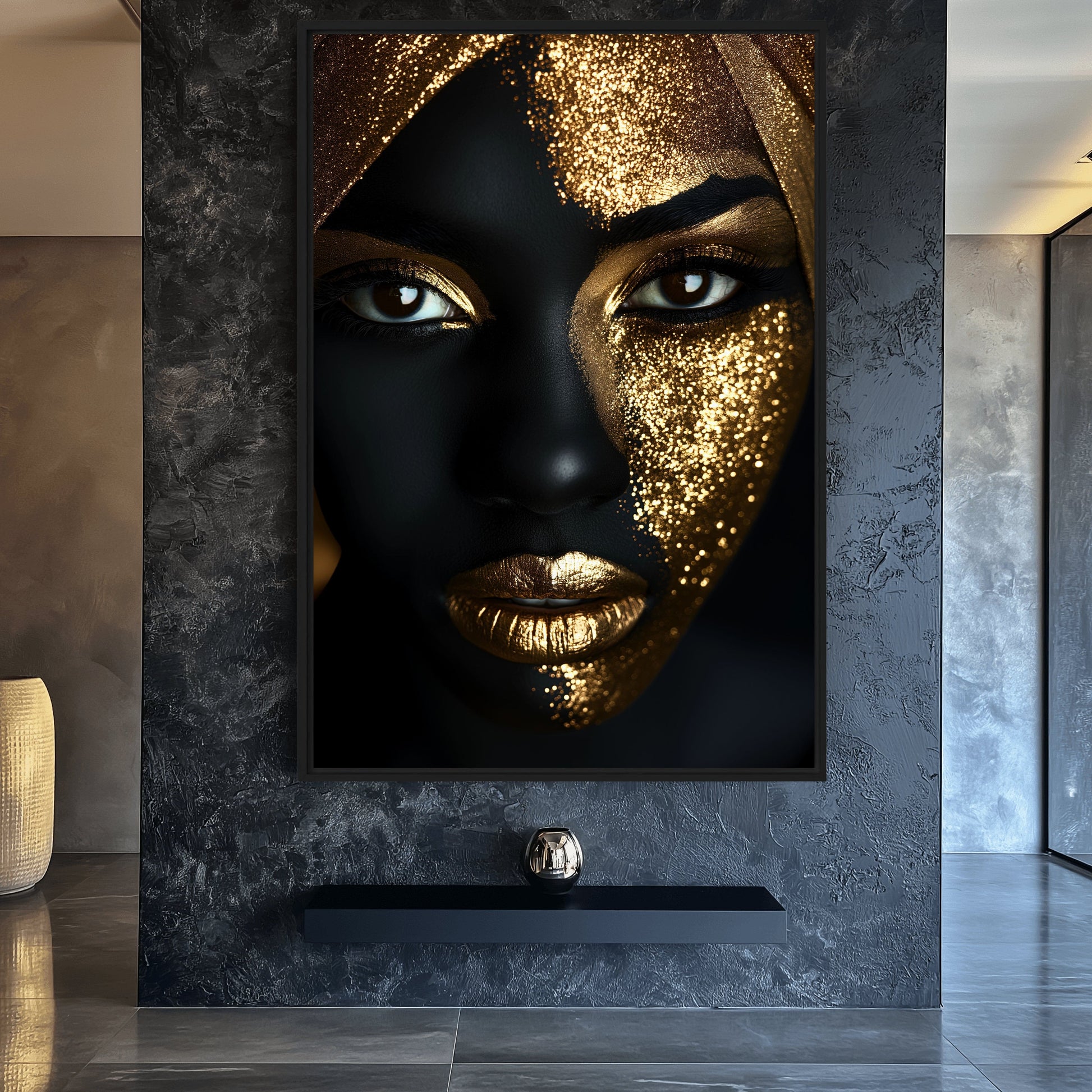 African Woman In Gold Glitter Framed Canvas - PaintFu