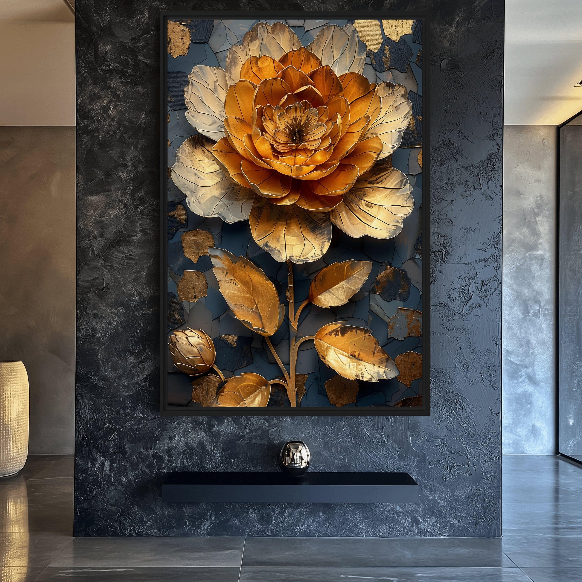 Golden Flower Floral Art Framed Canvas - PaintFu