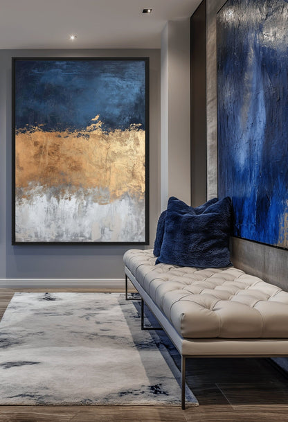 Navy Gold Grey Modern Art Framed Canvas