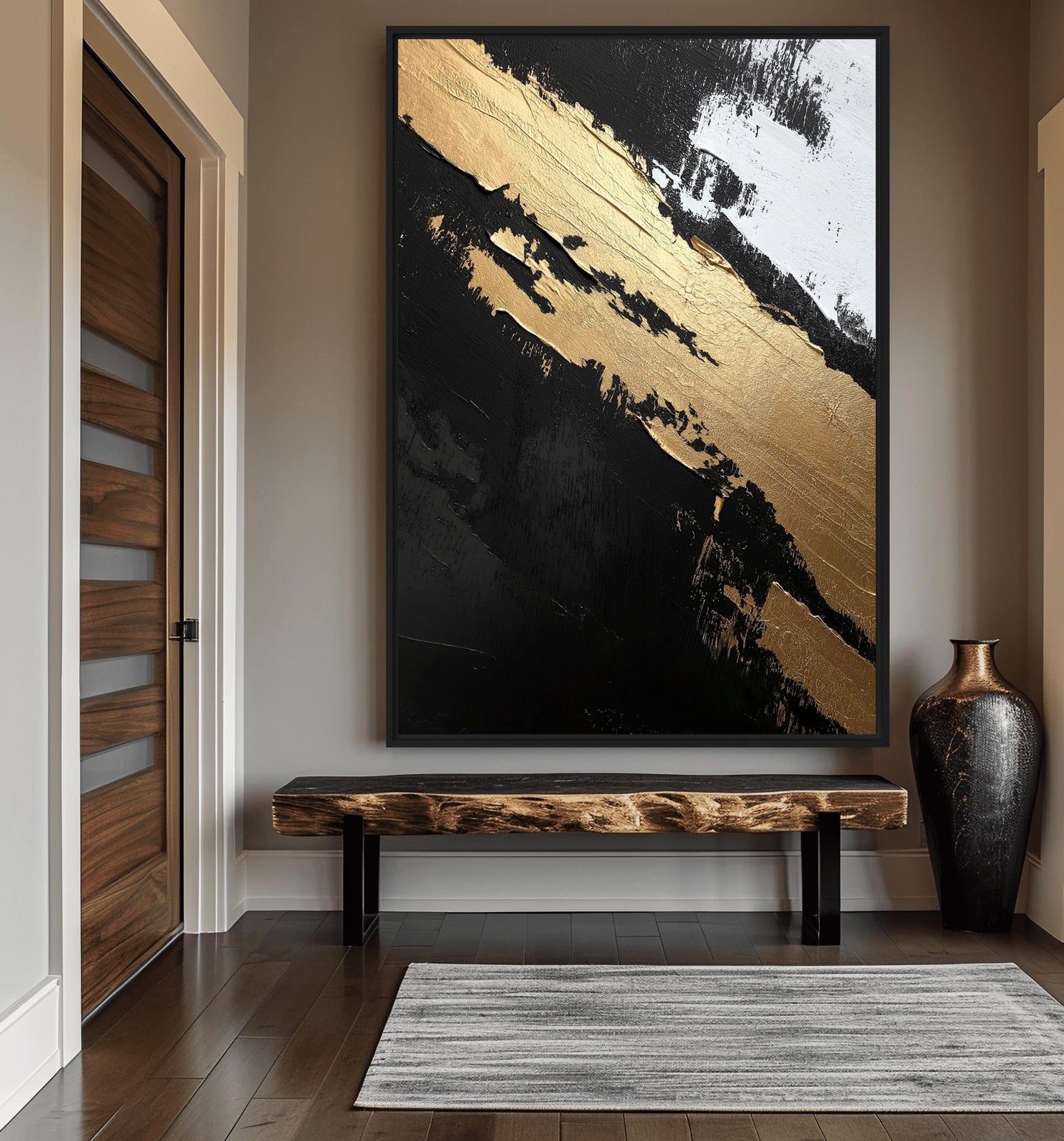 Black Gold White Abstract Art Framed Canvas