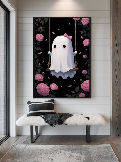 Cute Ghost On A Swing Canvas Print Detail | PaintFu
