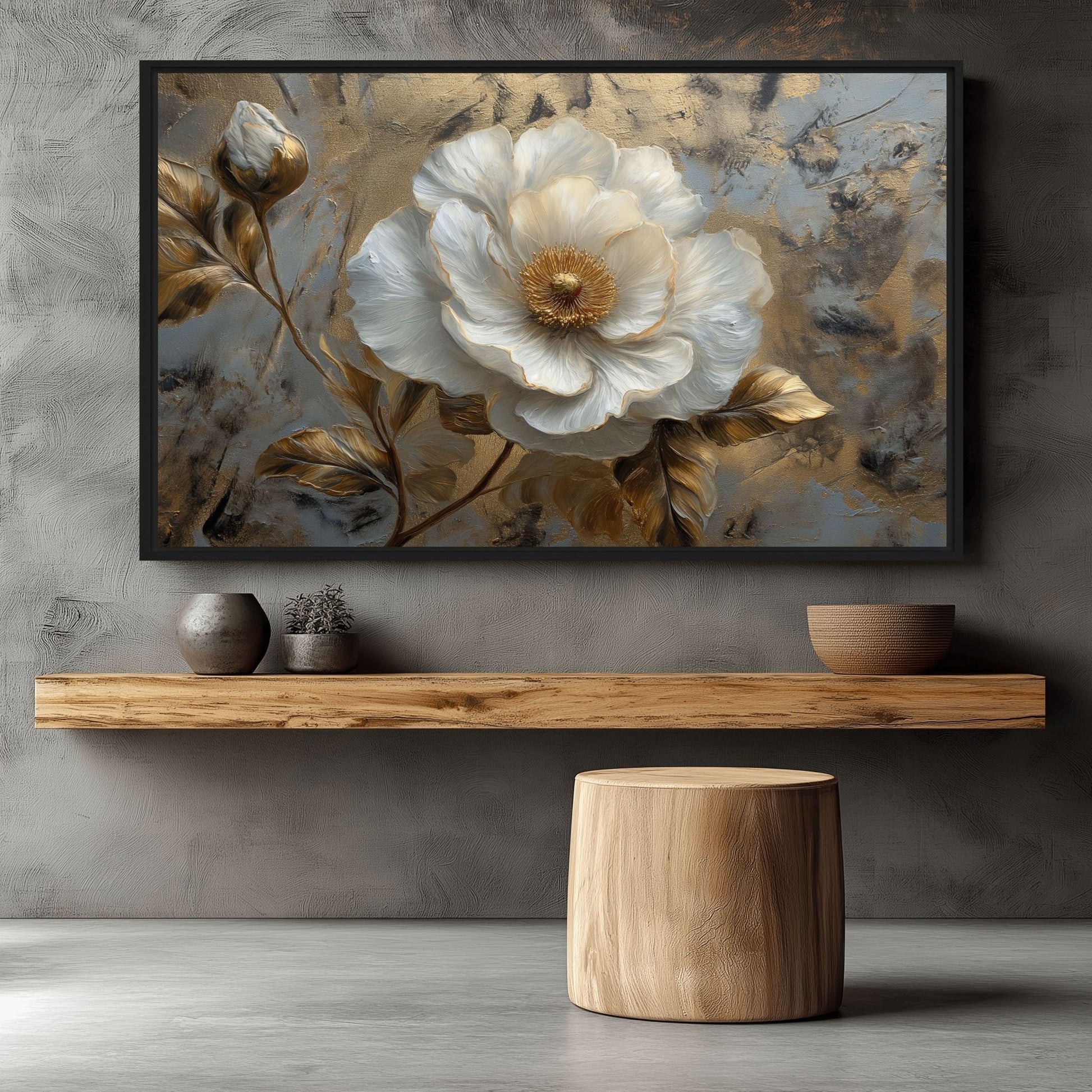 White and Gold Flowers Floral Art Framed Canvas