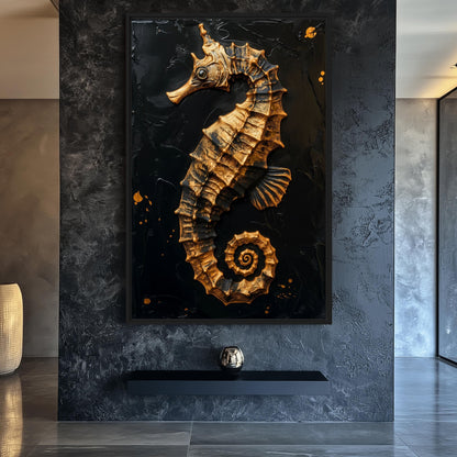 Golden Sea Horse Nautical Art Framed Canvas