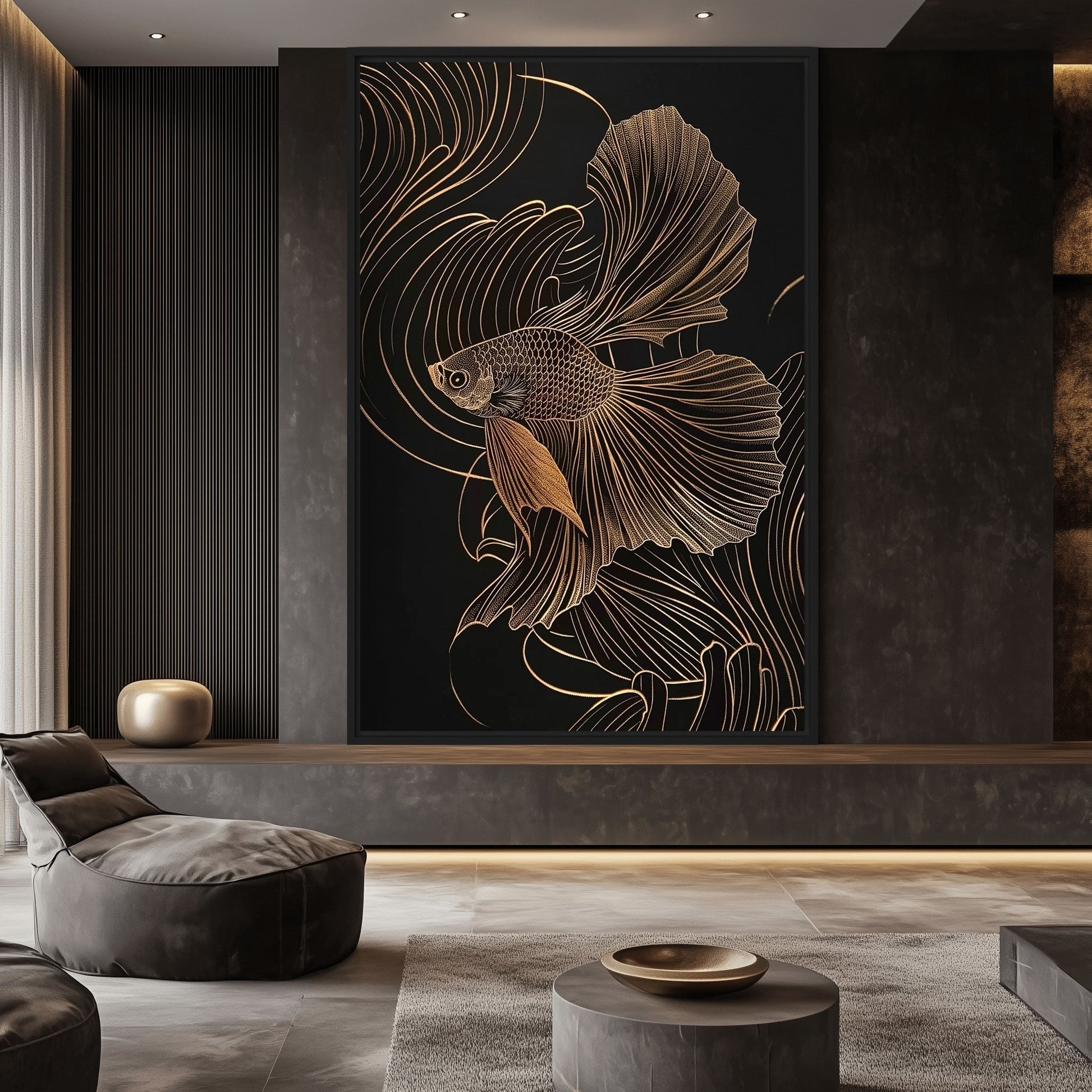 Gold Fish Line Art Framed Canvas