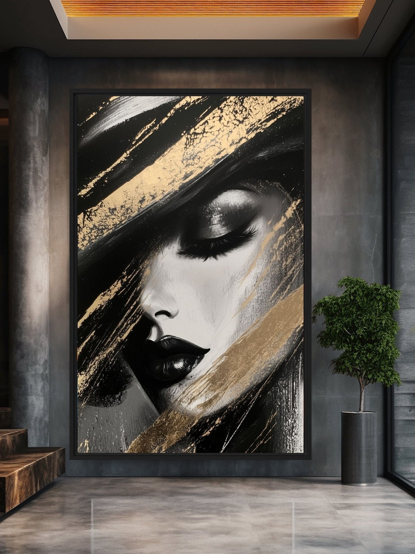 Woman In Hat Abstract Art Framed Canvas