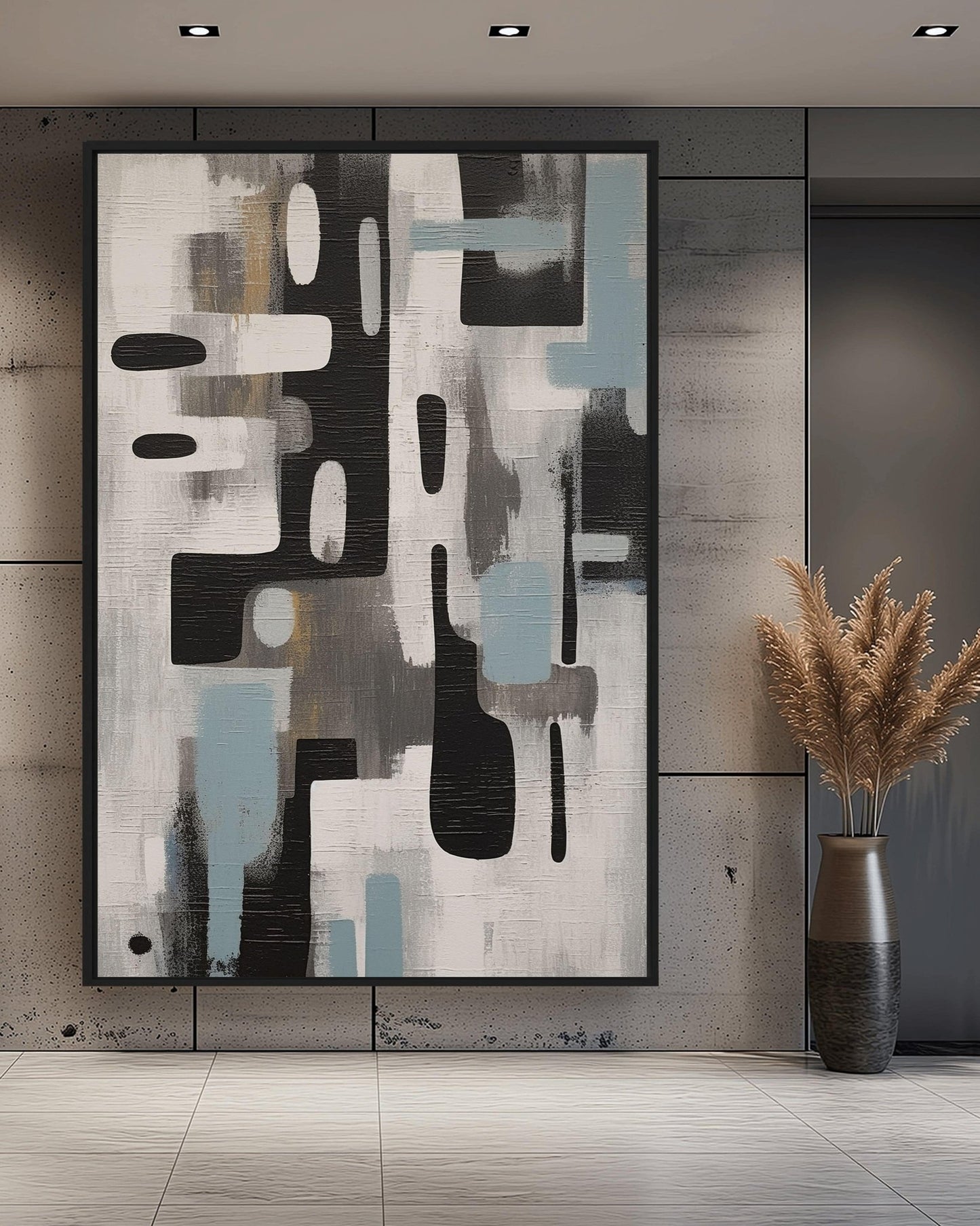 Grey Black Blue Modern Art Framed Canvas