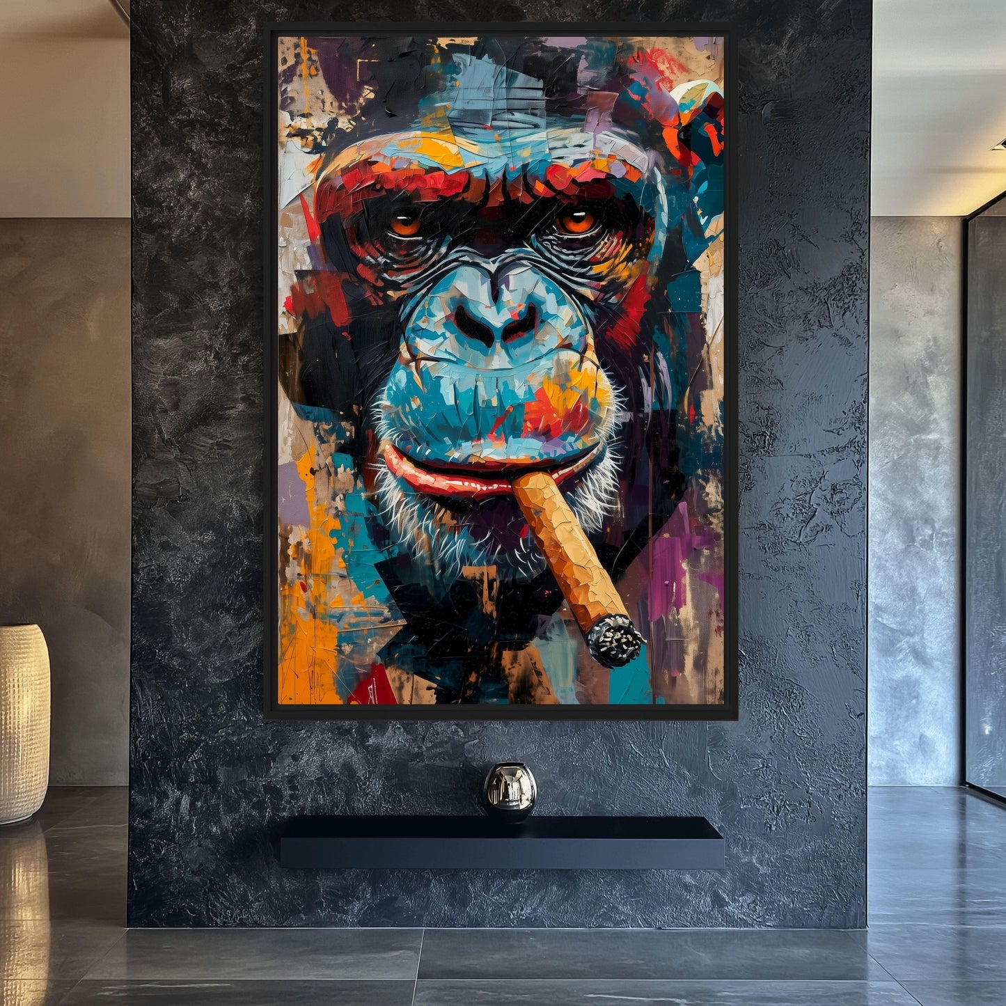 Monkey With Cigar Graffiti Art Framed Canvas