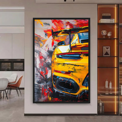 Yellow Sports Car Modern Art Framed Canvas