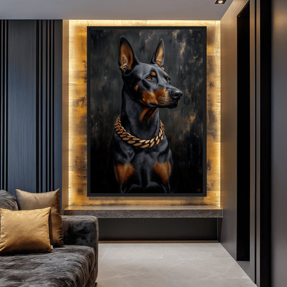 Doberman With Golden Chain Framed Canvas