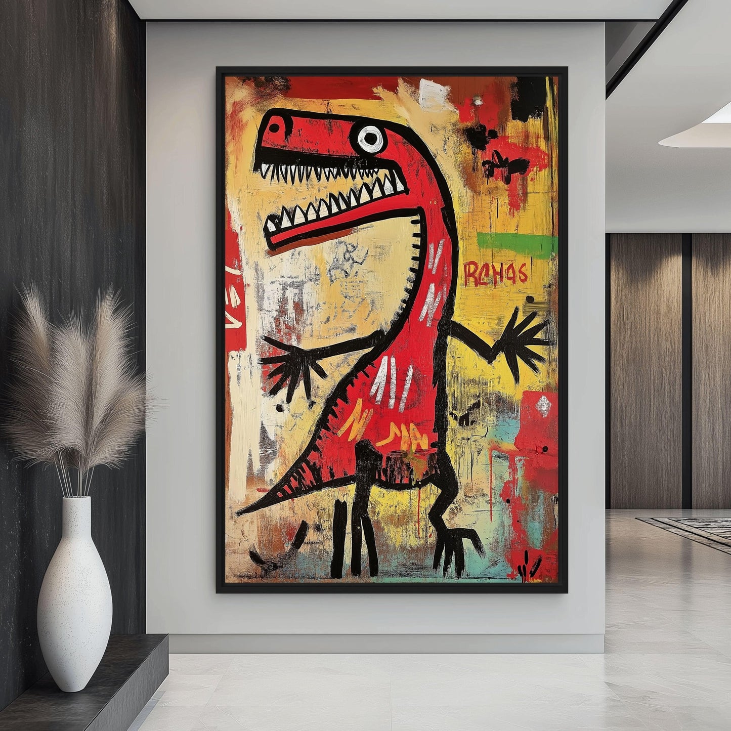Dinosaur Basquiat Style Art Framed Canvas