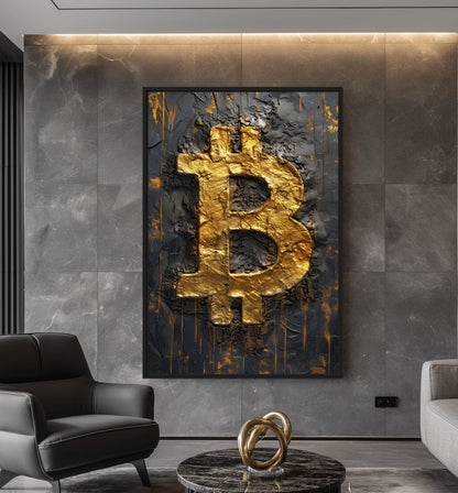 Bitcoin Black Gold Impasto Art Framed Canvas