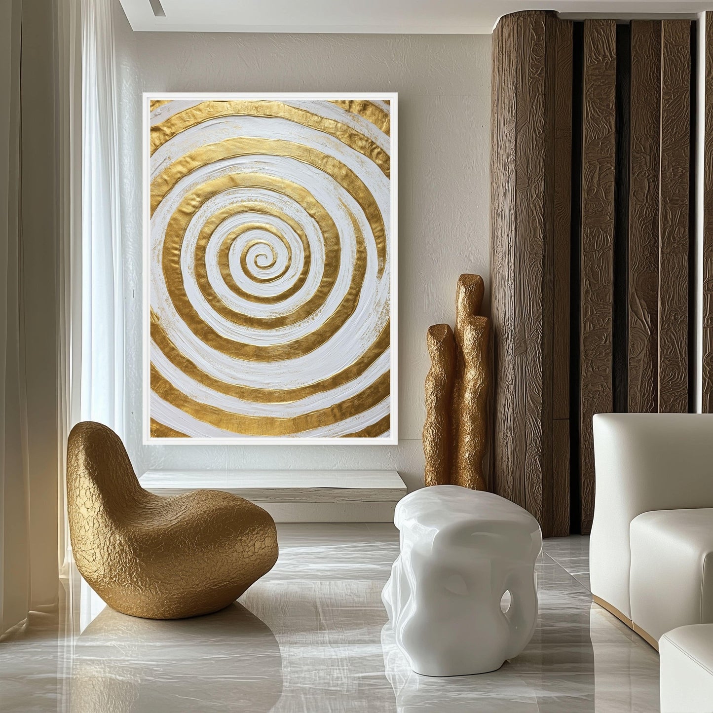 Gold & White Spiral Modern Art Framed Canvas