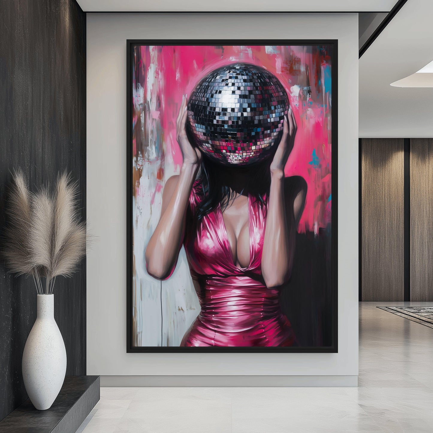 Woman Disco Ball Head Framed Canvas
