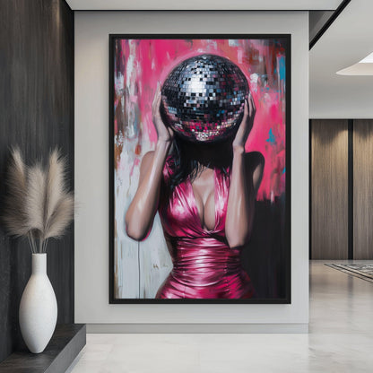 Woman Disco Ball Head Framed Canvas