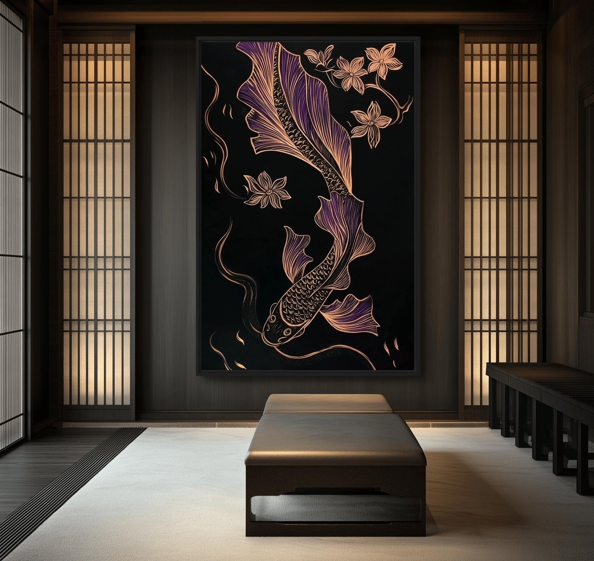 Koi Fish Line Art Framed Canvas