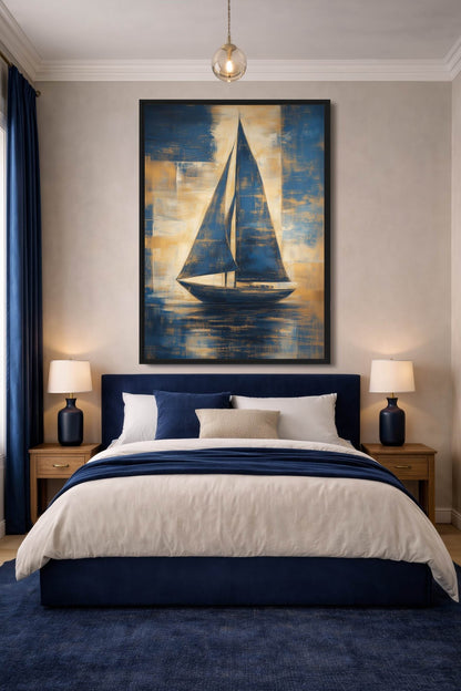 Navy Gold Sailboat Modern Art Framed Canvas - PaintFu