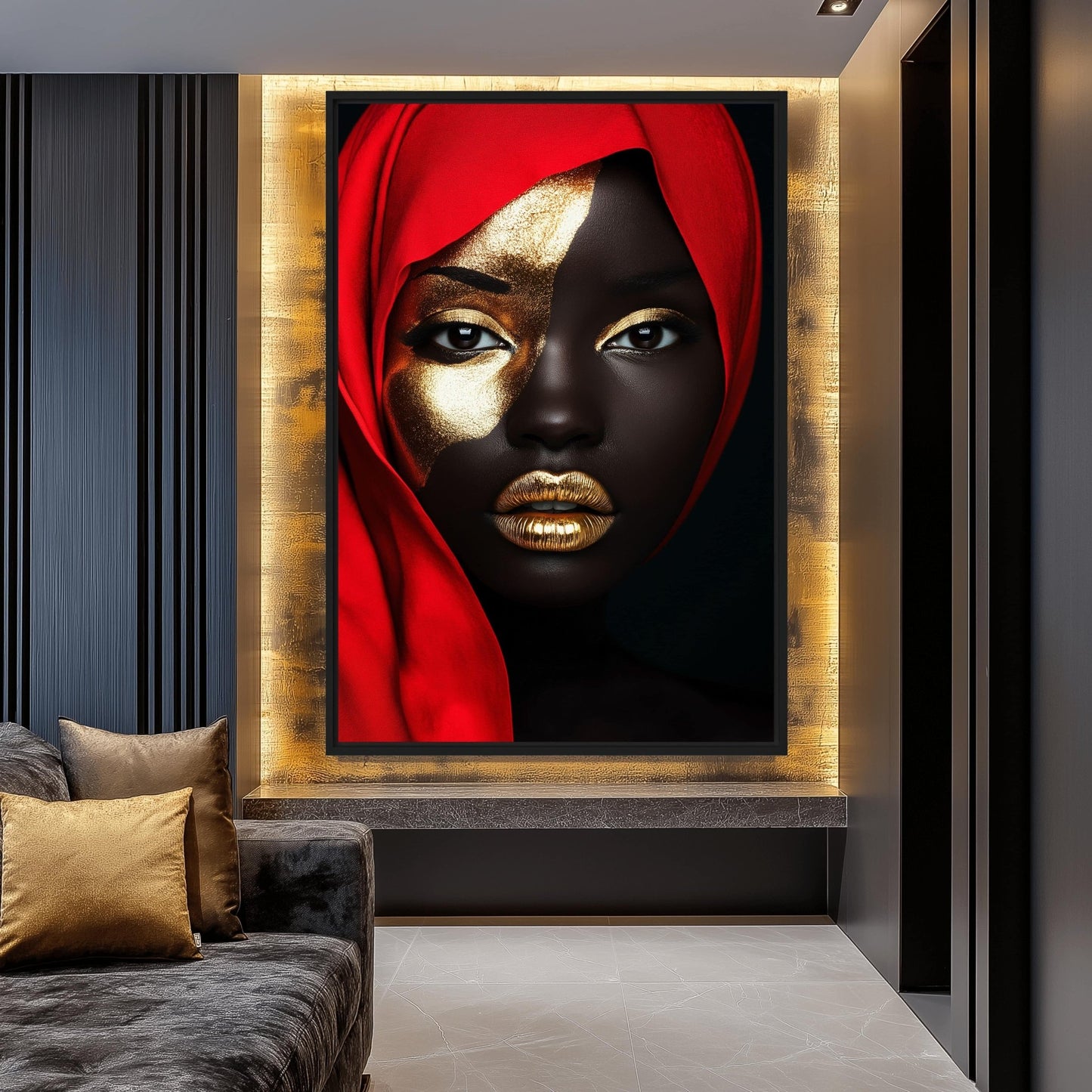 Black Woman In Red Scarf Modern Art Framed Canvas
