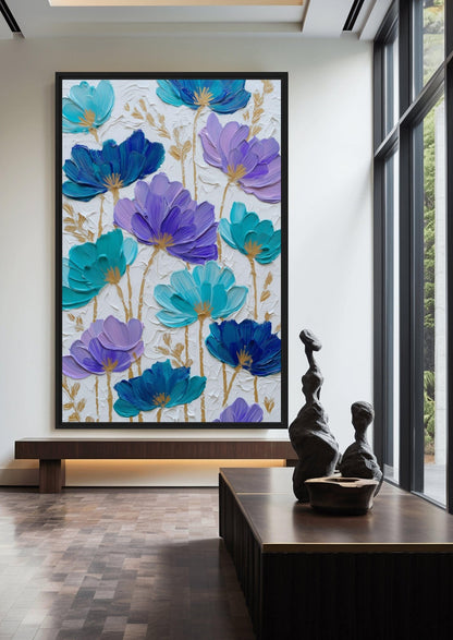 Teal Purple Floral Art Framed Canvas - PaintFu