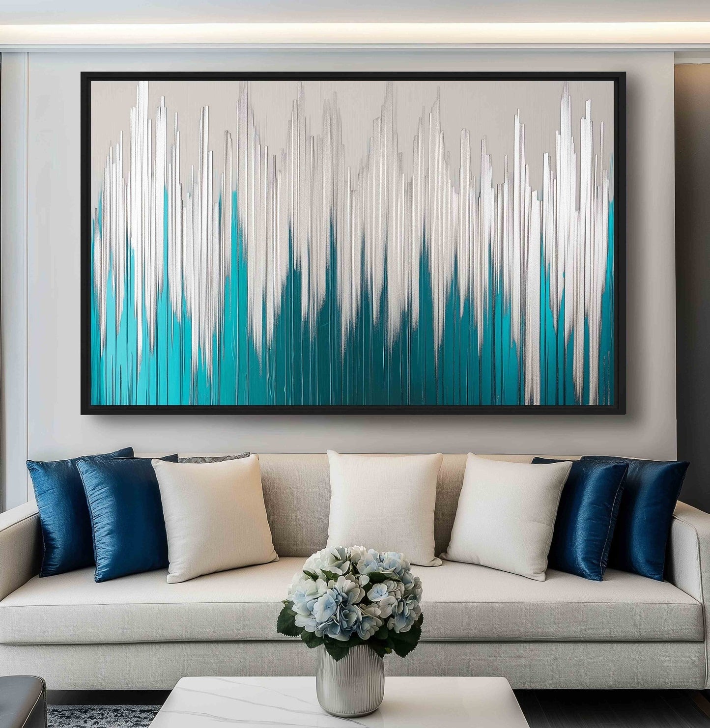 Teal and Silver Abstract Art Framed Canvas