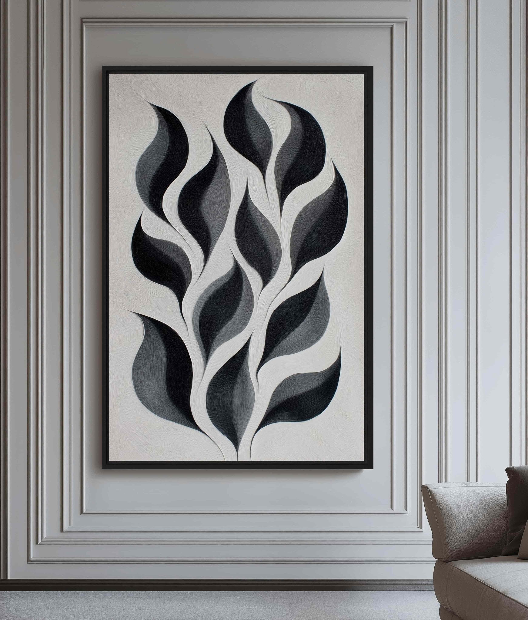 Monochrome Leaves Abstract Art Framed canvas - PaintFu