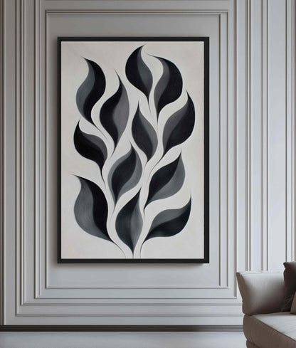 Monochrome Leaves Abstract Art Framed canvas - PaintFu