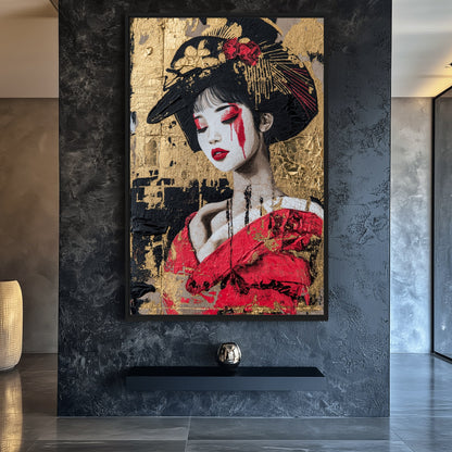 Geisha In Red Kimono Japanese Art Framed Canvas