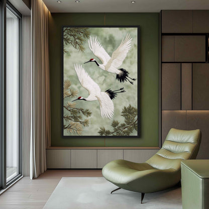 Cranes Vintage Japanese Art Framed Canvas - PaintFu