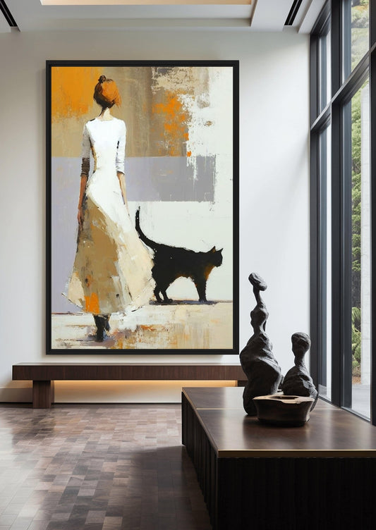 Woman with Black Cat Modern Art Framed Canvas