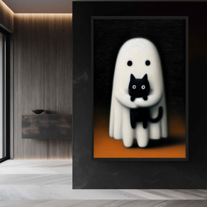 Cute Ghost With Black Cat Canvas Print Detail | PaintFu