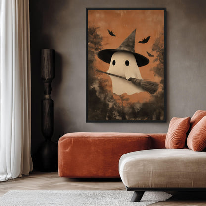 Cute Ghost In A Witch Hat Canvas Print Detail | PaintFu