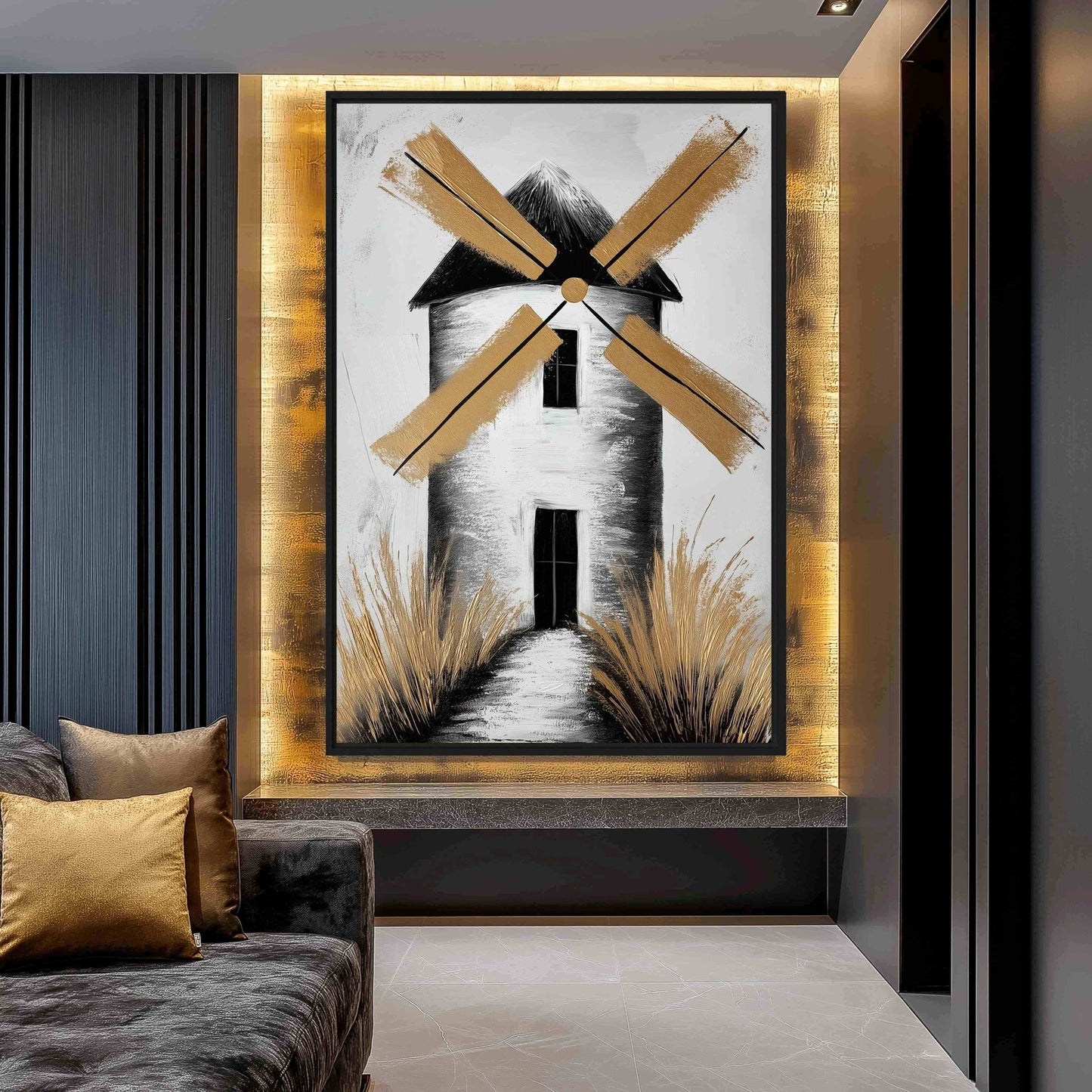 Windmill Landscape Art Framed Canvas