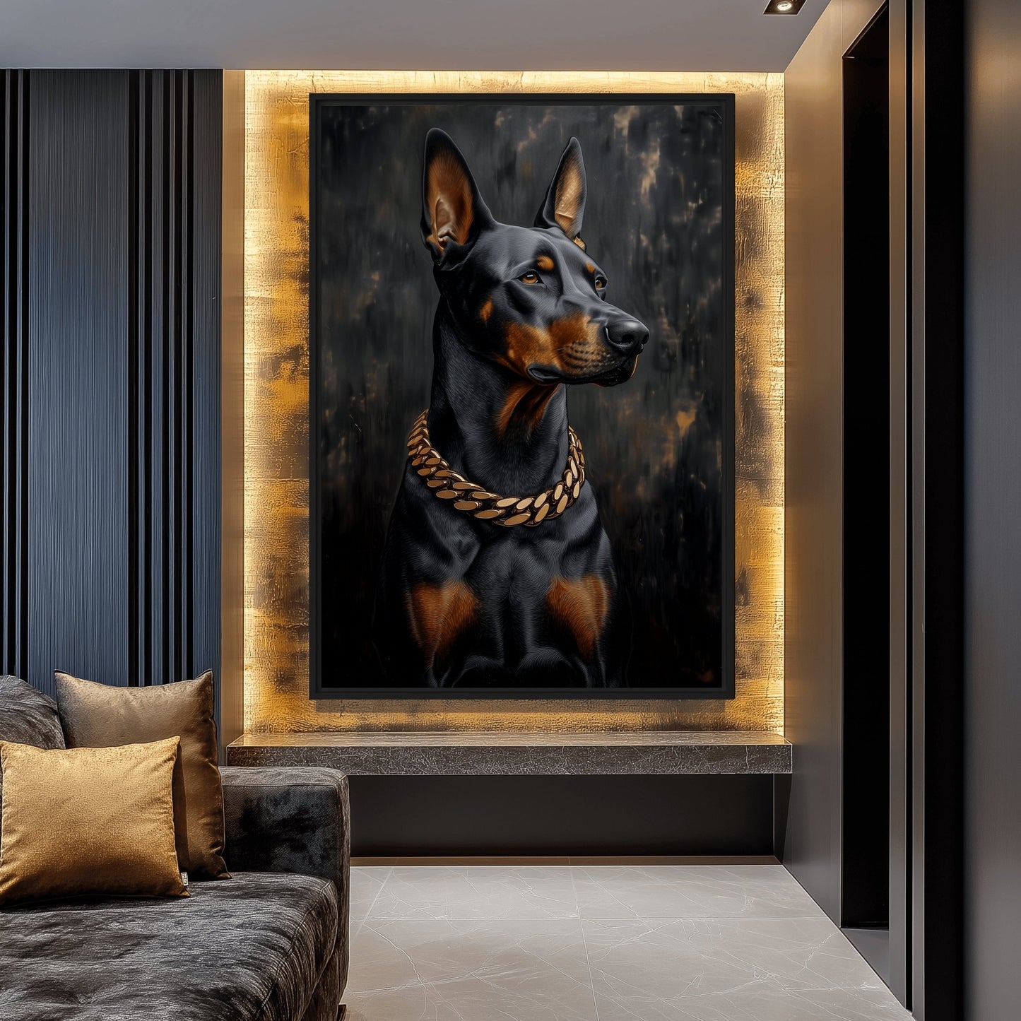 Doberman With Golden Chain Art Digital Print