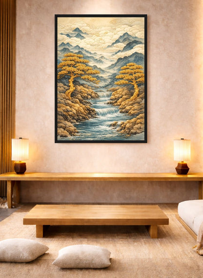 Waterfall Japanese Art Framed Canvas - PaintFu