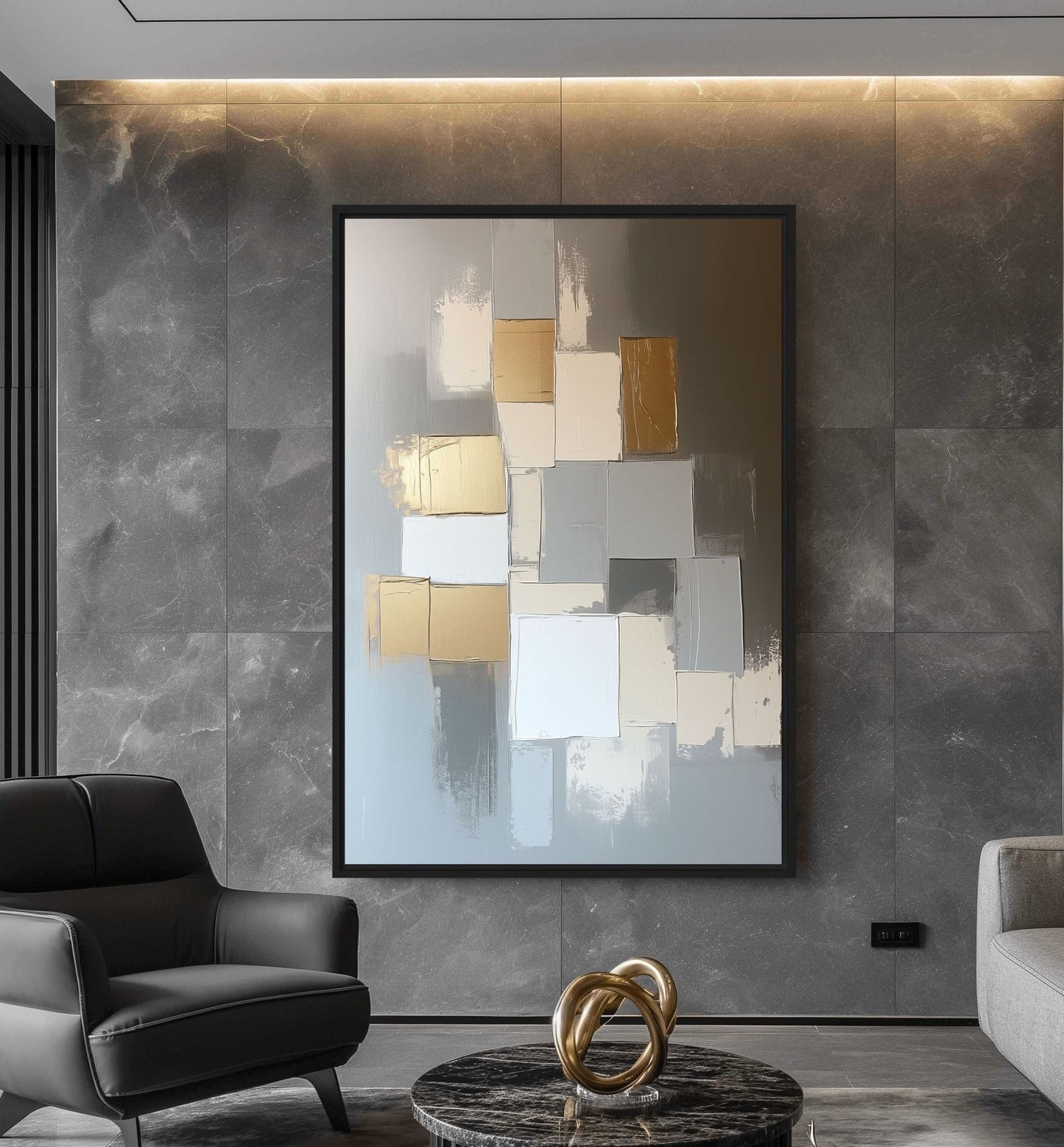 Gold Beige & Grey Geometric Art Framed Canvas
