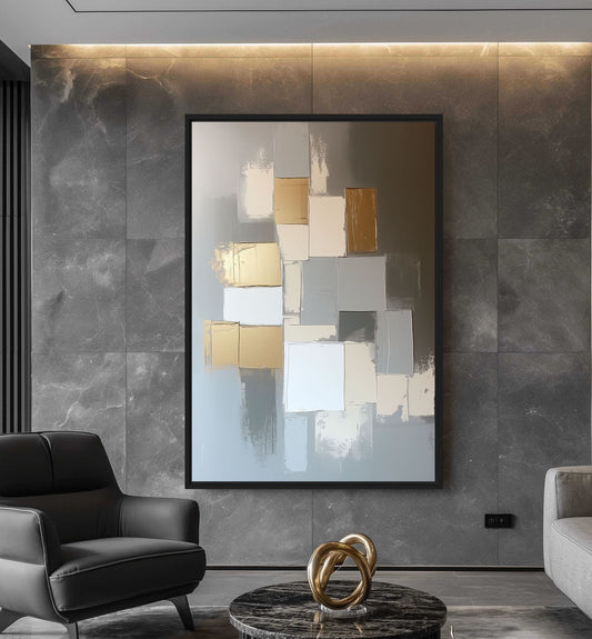 Gold Beige & Grey Geometric Art Framed Canvas - PaintFu