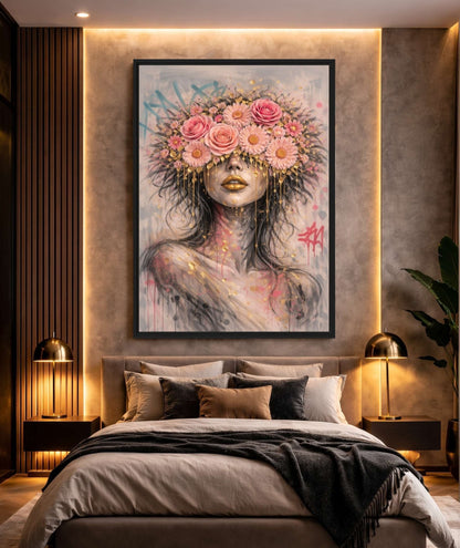Graffiti Floral Woman Framed Canvas - PaintFu