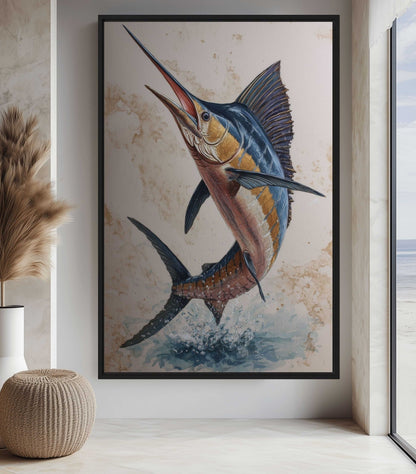 Blue Marlin Nautical Art Framed Canvas - PaintFu