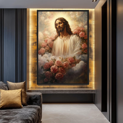 Jesus Christ Among Flowers Religious Art Framed Canvas