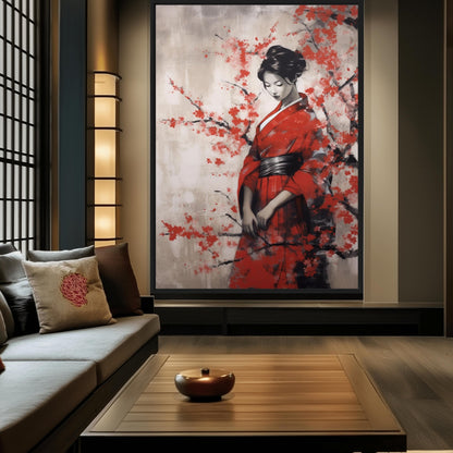 Geisha in Red Kimono Japanese Art Framed Canvas