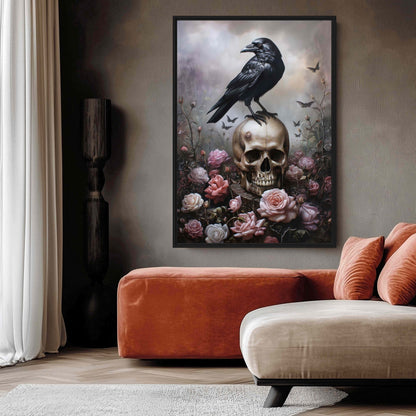 Raven & Skull Gothic Art Framed Canvas - PaintFu